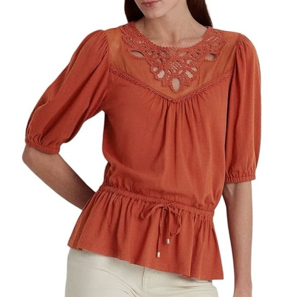 LAUREN RALPH LAUREN ☆ Lace Trim Jersey Peplum Top